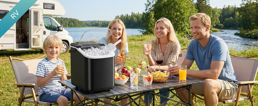 DUMOS Ice Maker Countertop, Ice Machine with Portable Handle, Basket and Scoop, 26lbs Daily, 9 Bullet Cubes in 6~8 Mins, Auto-Cleaning for Home, Kitchen, Office, Outdoors, RV Camping