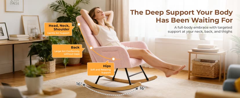 DUMOS Nursery Rocking Chair Teddy Upholstered, Comfy Glider Rocker with High Backrest Armchair Padded Seat, Accent Side Chair for Living Room Bedroom Offices Small Spaces Indoor, Pink