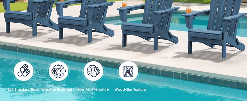 KINGYES Folding Adirondack Chair Set of 2, HDPE All-Weather Patio Chairs with Cup Holder, Wooden Textured Fire Pit Chairs Recliner for Poolside, Backyard, Deck, Navy