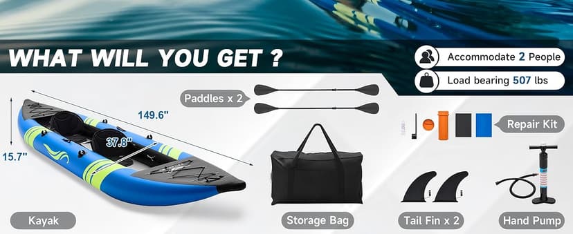 WETURE Inflatable Kayak 2 Person, Fishing Kayaks for Adults, 12.5FT 507 LBS Capacity, Portable Kayak with Luminous Strips, Adjustable Kayak Seat, 2 Paddles, 2 Tail Fins, Pump &Storage Bag