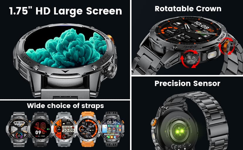 Military Smart Watch for Men 1000 mAh Battery/3 Bands/Flashlight,1.75'' HD Display Smart Watch with Call,IP68 Waterproof Fitness Tracker with Heart Rate,Sleep Monitor,100+ Sport Modes,for iOS Android