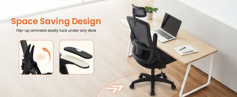 NEO CHAIR Office Desk Chair Gaming Computer High Back Support Mesh Comfy Seat with Adjustable Ergonomic Headrest Lumbar Rolling Flip-up Armrests and Wheels (Black)