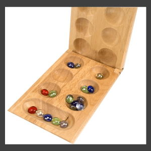 Pressman Mancala Board Game | Fun Classic Table for Adults & Kids | Includes 48 Glass Mancala Stones and Wood Hinged Playing Board | 2 Players, Ages 6+
