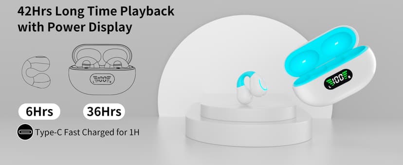 Clip On Earbuds, Bluetooth 5.3 Lightweight Comfort Bone Conduction Open Ear Headphones with LED Digital Display Charging Case Sport Built-in Mic IPX7 Waterproof for Running Fitness Android,Light Blue1