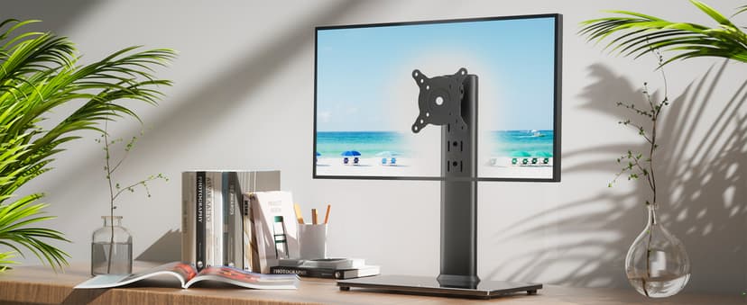 Single LCD Computer Monitor Free-Standing Desk Stand Mount Riser for 13 inch to 32 inch screen with Swivel, Height Adjustable, Rotation, Vesa Base Stand Holds One (1) Screen up to 77Lbs(HT05B-001))