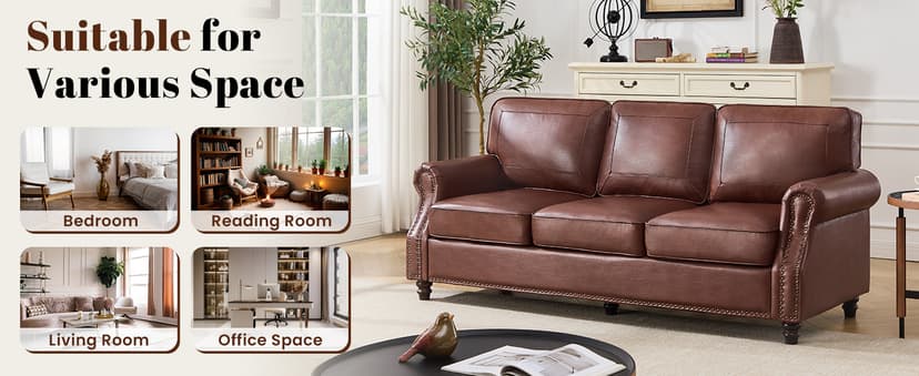 Kingfun Mid-Century Modern Couch, Faux Leather Sofa, 3 Seater Couch for Living Room with Rolled arms & Nailhead Trim, Dark Coffee