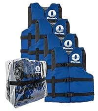 Overton's Universal Adult Life Jacket - Pack of 4, Nylon Shell with Closed-Cell Foam, Open Sides and Sturdy Belts, USCG Approved Type III, Fits Chest Sizes 30" to 52", Includes Zippered Storage Bag