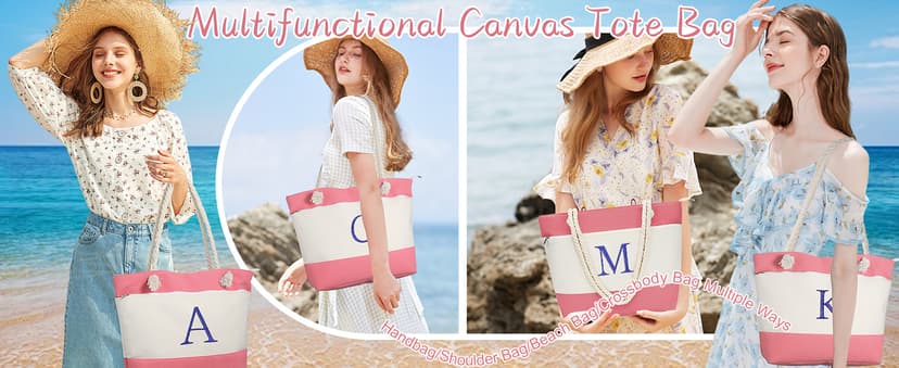 YOOLIFE Beach Bags for Women - Initial Canvas Tote Waterproof Bag with Makeup Bag Gifts for Women Mom Friend Birthday Her