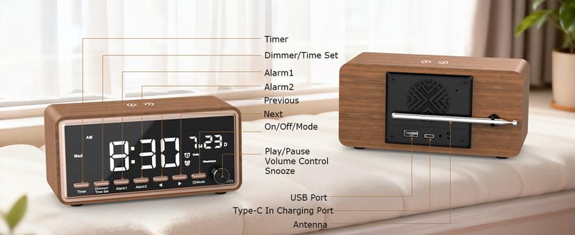 Digital Alarm Clocks Radio for Bedrooms,FM Radio & White Noise Sound Machine with Timer,Bluetooth Speaker,Dual Alarm Clock with Wireless Charging,Dimmable Big LED Display,Holiday Gifts for Men Women