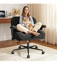 DurayLoly Criss Cross Chair with Wheels, Cross Legged Office Chair, Armless Wide Vanity Desk Chair with 2 Layer Scratch-Resistant Pu Leather Swivel for Home Office Bedroom,Beige