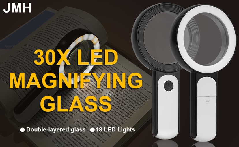 JMH Magnifying Glass with Light, 30X Handheld Large 18LED Cold and Warm Light with 3 Modes, Illuminated Magnifier for Seniors Reading, Inspection, Coins, Jewelry, Exploring