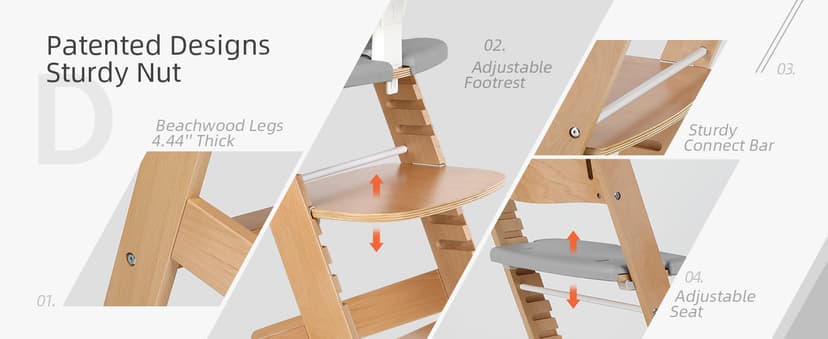 Cowiewie 3-in-1 Convertible Natural Wooden High Chair for Babies & Toddlers 3-Tier Remove & 2 Adjustable Wood Tray & 8 Levels Adjustable, 2 Waterproof Cozy Cushions Grey