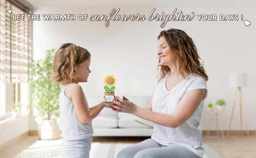 Mini Sunflower Mom Gifts from Daughter Son Kid, Handmade Crochet Mothers Day Christmas Birthday Gift with Card, Remember I Love You Mom, Positive Emotional Present, Cute Small Stuff Things