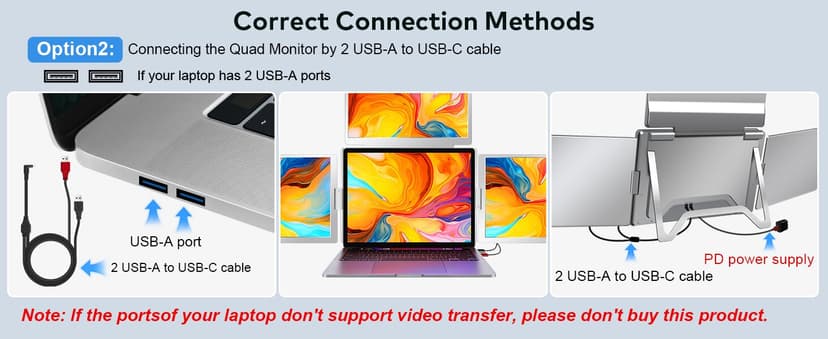 16" Laptop Screen Extender Monitor Portable, Quad Monitor, Just 1 Cable for 3 Screens, FHD 1200P IPS Laptop Extender Compatible with Wins/Mac for 13.6" - 18.5" Laptops