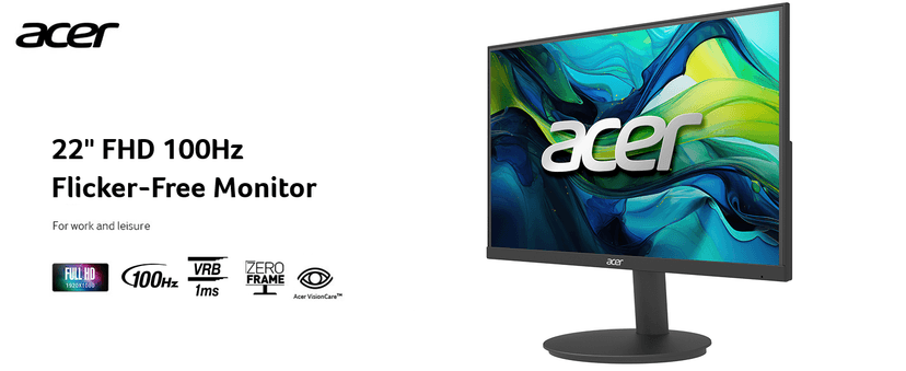 acer KB220Q H2bi 21.5" Full HD (1920 x 1080) Zero-Frame Home Office Monitor | Adaptive-Sync Support (FreeSync Compatible) | Up to 100Hz Refresh | 1ms (VRB) | sRGB 99% | Tilt | HDMI & VGA Ports
