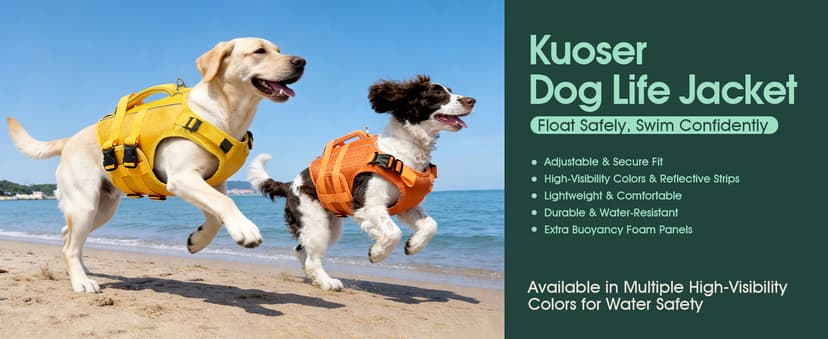 Kuoser Dog Life Jacket High Flotation, Reflective Dogs Life Vest for Swimming Boating, Adjustable Small Medium Large Dog lifejacket, Lightweight Dogs Life Preserver Rescue Handle Spring Summer Pool