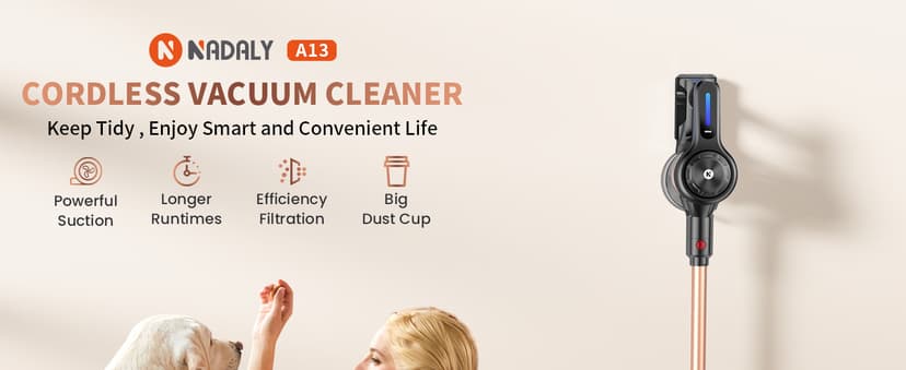 NADALY Cordless Vacuum Cleaner, Powerful Stick Vacuum with 45min Runtime, Anti-Tangle Vacuum Cleaners for Home, 1.5L Dust Cup, Rechargeable Wireless Vacuum for Hardwood Floor Carpet Pet Hair