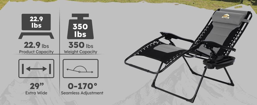 Colegence Oversized Padded Zero Gravity Lounge Chair, Foldable Patio Anti Gravity Reclining Chairs Folding Lawn Recliner with Cup Holder for Yard, Camping, Outdoor, Support 350 LBS, Black