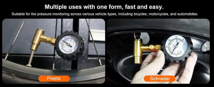 GODESON Bike Tire Pressure Gauge - Dual Head for Schrader & Presta Valves,0-60 PSI / 4 BAR Range, 1.5-Inch Dial with Gear Protection Sleeve - Suitable for MTB, Road, E-Bikes and Motobike