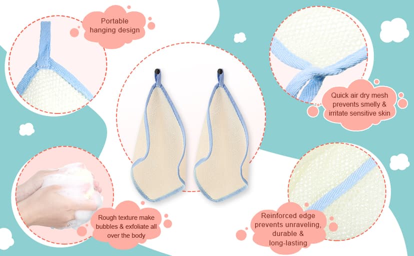 Tatuo 5 Pcs Exfoliating Face and Body Wash Cloths Towel Weave Bath Exfoliating Scrub Massage Bath Cloth for Women and Men, 10.63 x 9.05 Inch (White, Pink, Blue, Gray, Black Edge)