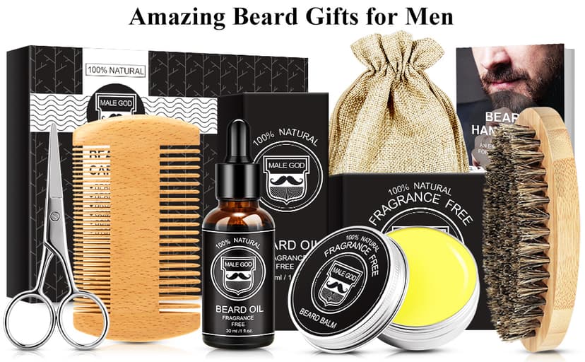 MALE GOD Beard Kit w/Beard Oil, Balm, Brush, Comb - Nourish & Soften Beard, Natural Shea Butter, Suitable for All Skin, Anniversary & Birthday Gifts for Men Him Husband Boyfriend Dad Friends