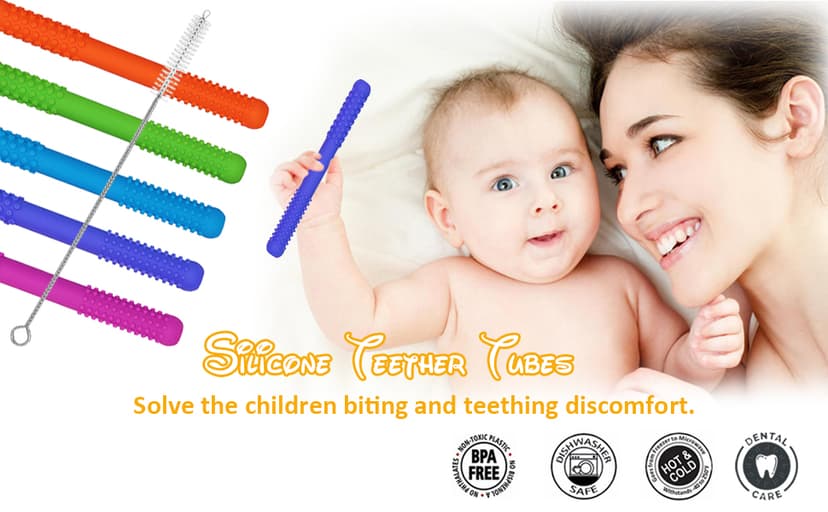 Hollow Teething Tubes Toys for Babies Girls Boys, 6 Pack Silicone Baby Teether Toy Tube for Infants with Nursing Biting Chewing, Chew Straws for Toddlers 6-12 Months (Style A)