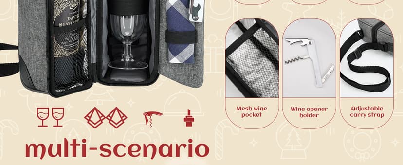 ALLCAMP Wine Bag - Insulated Cooler Bag with Wine Glasses, Bottle Opener & Wine Accessories for Wine Lovers - Portable Wine Gift Bag for Travel, Picnics, and Gift Ideas(Gray)
