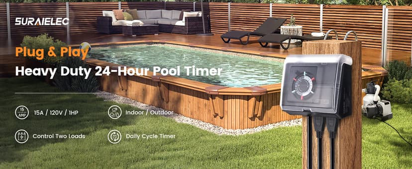 SURAIELEC Mechanical Pool Timer for Above Ground Pools, NEMA 5-15R Plug-in 24-Hour Timer with Dual Outlets, 15A 125V 1HP, Up to 3 Daily Settings, Weatherproof Cover for Pool Pumps, Outdoor Lighting
