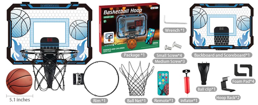 VROGTIK Indoor Basketball Hoop for Kids with Led Lights Mini Basketball Hoop with Remote Control Over The Door Basketball Hoops with Scoreboard Basketball Toys for 4-12 Year Old Boys Girls