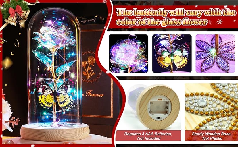 Beferr Christmas Rose Gifts for Women Mom Birthday Gifts, Galaxy Glass Rose Forever Preserved Flowers for Delivery Prime Light Up Rose in Glass Dome with Butterfly Xmas Gifts for Grandma Her Wife