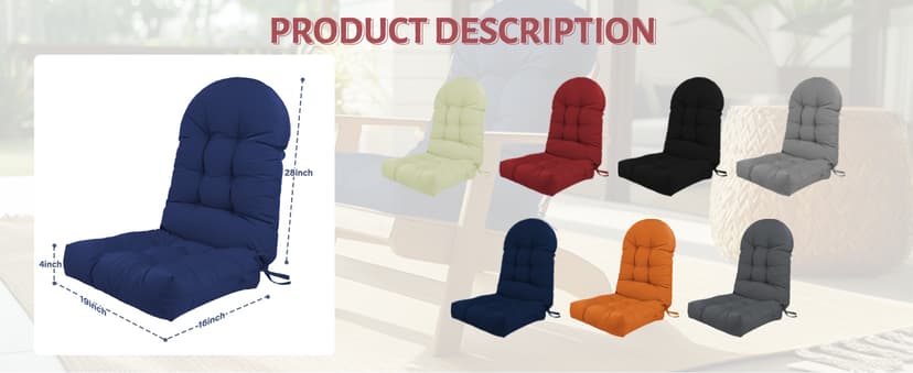 Adirondack Chair Cushion,Outdoor Waterproof Rocking Chair Cushion 44x19x4in Gray Non-Slip High Back Patio Chair Cushions, Comfortable Weather Resistance Seat Pad