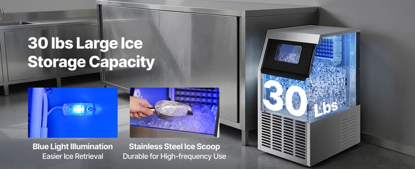 VEVOR Commercial Ice Maker Machine, 130 lbs/24h with 30 lbs Storage Capacity, Built-in/Freestanding/Under Counter, Stainless Steel Ice Maker with LED Display & Self-Cleaning, for Home Bar Restaurant