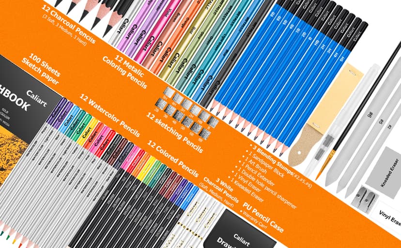 Caliart 176PCS Art Supplies Sketching Kit with 100 Sheets 3-Color Sketch Book, Graphite Colored Charcoal Watercolor & Metallic Pencils, School Supplies Gifts for Artists Adults Teens Girls Boys Kids