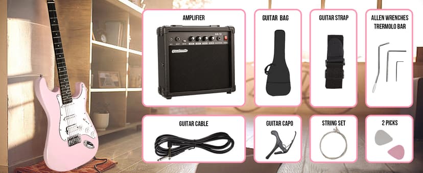 Soulmate 39 Inch Full Size Electric Guitar Starter Kit for Beginners Solid Body, HSS Pickups with 15W Amp, Gig Bag, Capo, Strap, Strings, Cable, Picks (Right-Handed,Pink)
