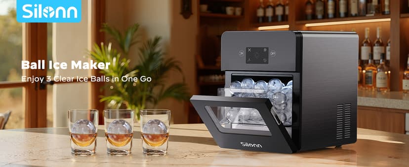 Silonn 2.4″ Sphere Ice Maker, Clear Ice Ball Maker with Slow-Melting, 3 pcs in 40 Mins, 100 pcs/Day, Crystal Sphere & Rapid Sphere Technology, Self-Cleaning Ice Maker Countertop Ideal for Whiskey