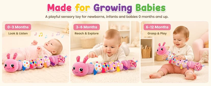 KMUYSL Baby Toys 0-6 6-12 Months, Sensory Music Animal Stuffed Toy for 0 1 2 3 4 5 6+ Months, Plush Toy with Crinkle and Rattles for Infant Newborn, Tummy Time Toys Gifts for 0-3-6-12 Month