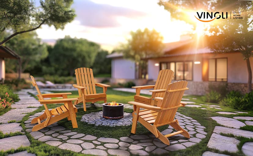 VINGLI Folding Adirondack Chairs Set of 4, Wood Adirondack Chair for Outdoor, Foldable Fire Pit Chairs for Patio, BBQ, Porch, Yard, Pool