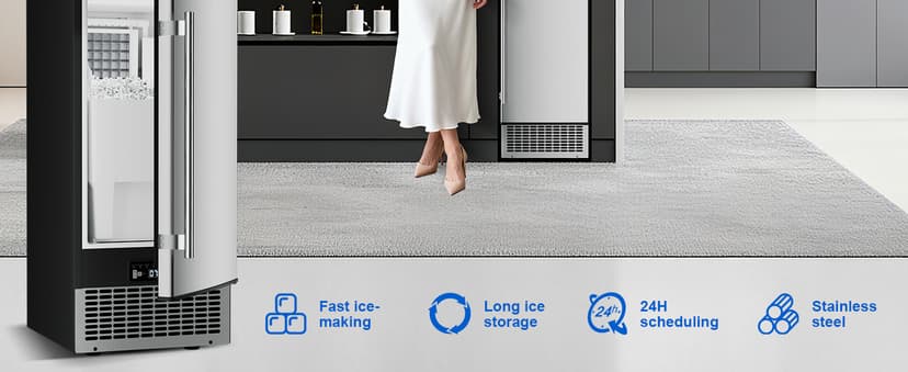 15'' Commercial Under Counter Ice Maker 110 LbS/Day Stainless Steel Ice Machine Built-in Freestanding Ice Maker with 30 Lb Bin Auto-Cleaning 24H Timer Gravity Drainage for Commercial Home