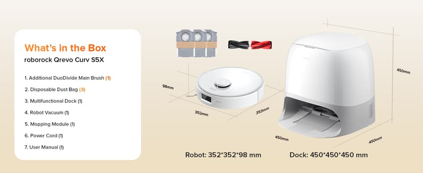 roborock Qrevo Curv S5X Robot Vacuum and Mop, 18500Pa Suction, Zero-Tangling Design, FlexiArm Side Brush, Reactive Tech Obstacle Avoidance, 10 Weeks Self-Emptying, Auto Washing for Hard Floor, Corner