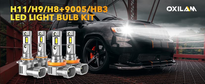 OXILAM H11/H9/H8 9005/HB3 LED Light Bulbs Combo, 100,000 Lumens 1200% Brighter 6500K Cool White H11 9005 Bulbs, IP68 Waterproof, 1:1 Beam Design, 60000Hrs Lifespan, No Flicker, Pack of 4
