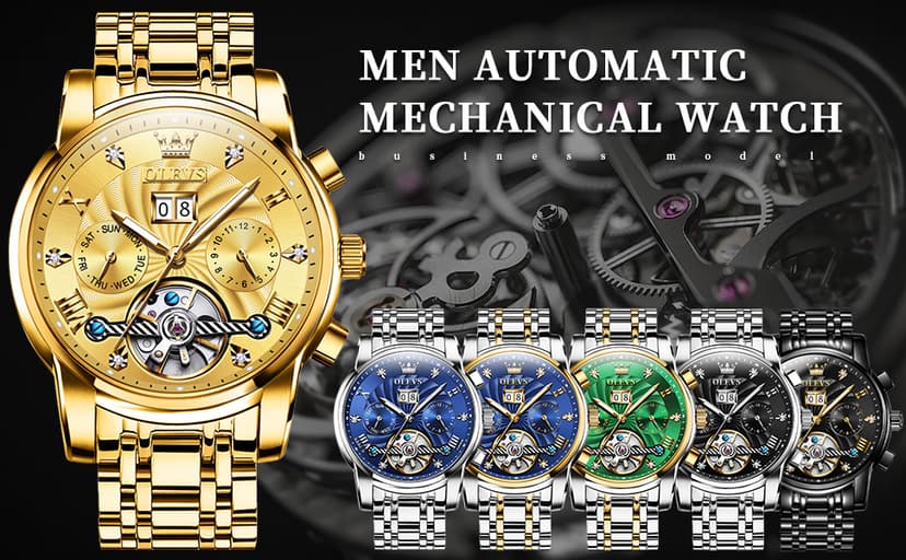 OLEVS Men Automatic Watch Skeleton 5 Hands Mechanical Classic Luxury Multi Calendar Stainless Steel Waterproof Wrist Watch for Men