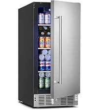 Feelfunn 15 Inch Undercounter Beverage Refrigerator - 126 Cans Beverage Fridge with Stainless Steel Door for Beer Wine Soda - Built-in or Freestanding Wine Cooler for Home Kitchen Bar