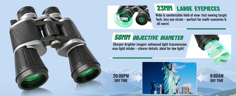 10x50 Binoculars with Dual Independent Eyepiece Adjustment, with BAK4 Prism FMC Lens Low Light Vision & Large View - Professional Binocular for Bird Watching Hunting Stargazing Sports Travel