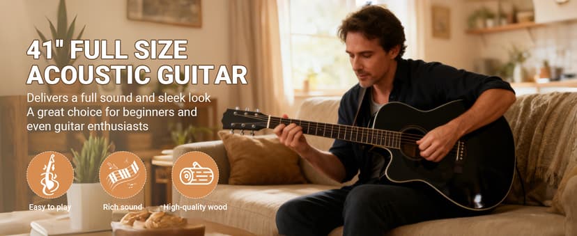 41" Acoustic Guitar for Beginners Adult Full Size Cutaway Guitarra Acustica Bundle with Gig Bag, Tuner, Strap, Strings, Picks,Capo, Black