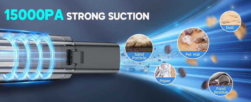 CKIKH Handheld Vacuum Cordless, 15000PA Strong Suction Hand Held Car Vacuum Cleaner Portable with Multi-Nozzles & Washable Filter, Lightweight Dust Busters Rechargeable for Home, Car, Office, Pets