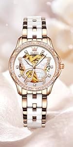 OLEVS Womens Big Face Automatic Watch, Diamond Accented Self Winding Dress Watch for Women, 50M Waterproof Day-Date Sapphire Crystal, Two Tone Stainless Steel Ceramic Band, White/Blue/Green/Red Dial