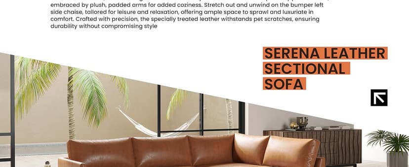 Valencia Serena 108" Full Leather Sectional Sofa with Left Bumper | Nappa 11000 Leather, Modern Low Profile Lounge Sofa | L Shaped Couch for Living Room Furniture,Cognac