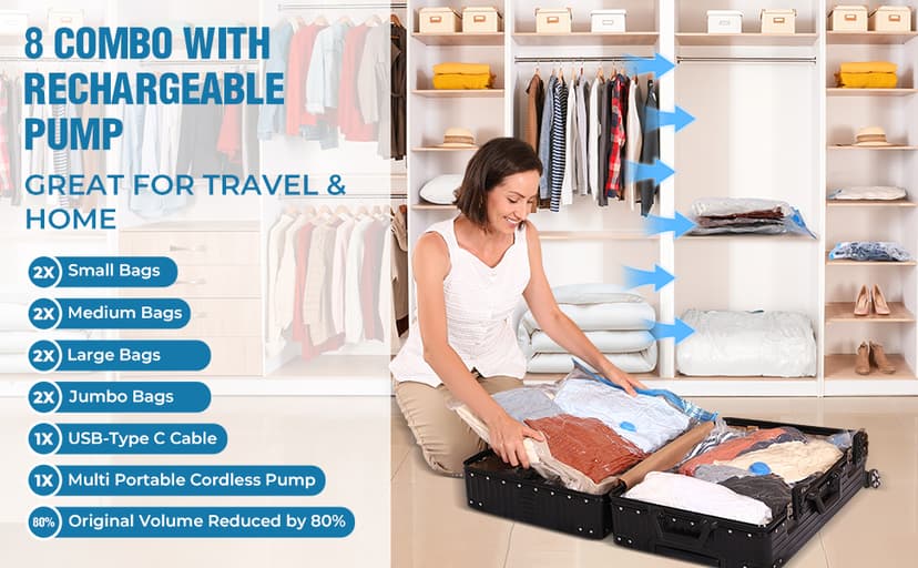 Vacuum Bags for Travel with Portable Electric Pump, 8 Pack Vacuum Seal Bags for Luggage and Suitcase Compression, Space Saver Vacuum Storage Bags for Clothes and Clothing Travel