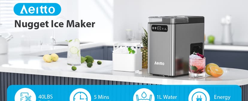 Aeitto Nugget Ice Maker 40Lbs/24H, Countertop Soft Chewable Ice Pebble Ice Machine, One-Click Operation, Auto Self-Cleaning Ice Makers with Scoop&Basket for Home, Office, Kitchen, Party (Grey)