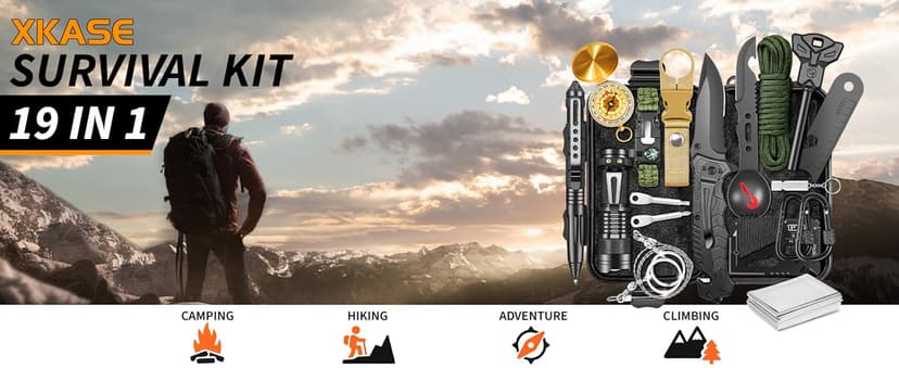 XKASE Survival Kit, Gifts for Men Dad Husband, Emergency Survival Gear and Equipment 19 in 1, Fishing Hunting Birthday for Men, Camping Accessories, Cool Gadget, Camping Essentials